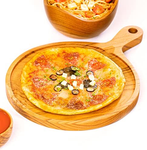 Zdjele 12-inčna Javanska daska za pizzu od tikovine s ručkom i rubom-drži 12-inčnu pizzu, teška je, teška za teške uvjete rada-ekskluzivni