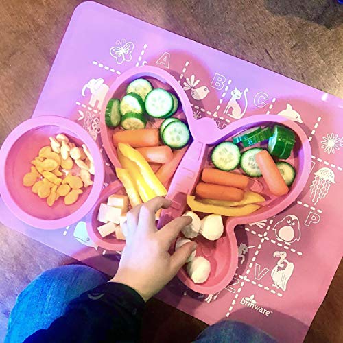 Silikonski Dječji tanjur za bebe - Dječji tanjuri, neklizajuće podijeljeno jelo za malu djecu - ružičasti leptir