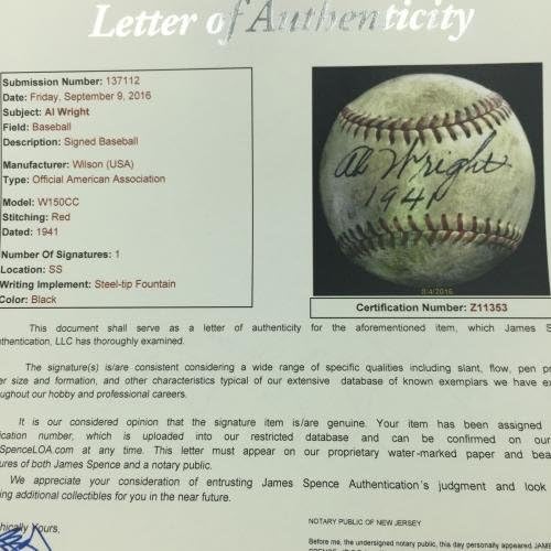Rijetka 1941. AB Wright Single potpisana igra Koristila je malu ligu bejzbol JSA CoA - MLB igra korištena bejzbols
