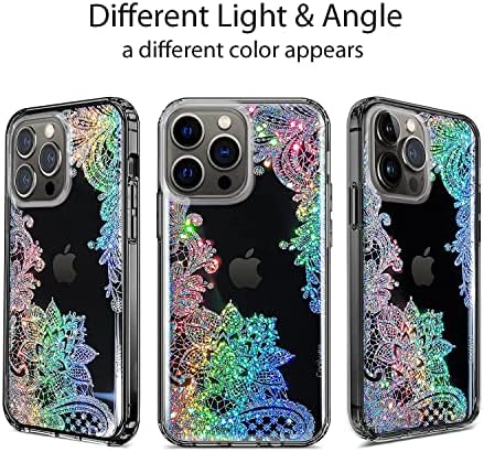 Coolwee Clear Glitter kompatibilan iPhone 13 Pro Case [Vojna zaštita od kapljice] Cvjetna slatka kristalna čipka Bling Shiny Women