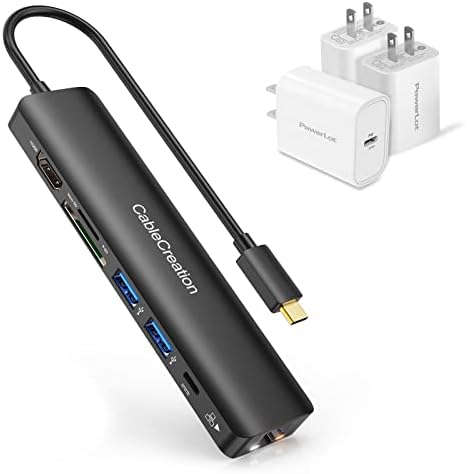 USB C Hub 4K 60 Hz, многопортовый adapter CableCreation 7-u-1 USB-C Hub u paketu zidni punjač, USB C, napajanje PowerLot[3 kom.]