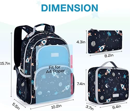 Mommore Kids Backpack Set, lagan školski ruksak za djecu Elementarna raketna torba za učenike s remenom u prsima, 3pcs crna