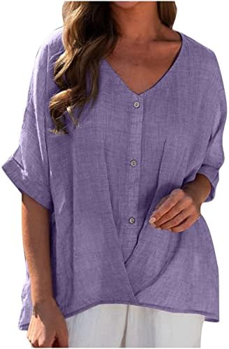 Bluze za žene 2023 ljetne lanene košulje Plus size, tunike s prednjim uvijanjem, vrhovi s izrezom i gumbima u obliku slova u, široke
