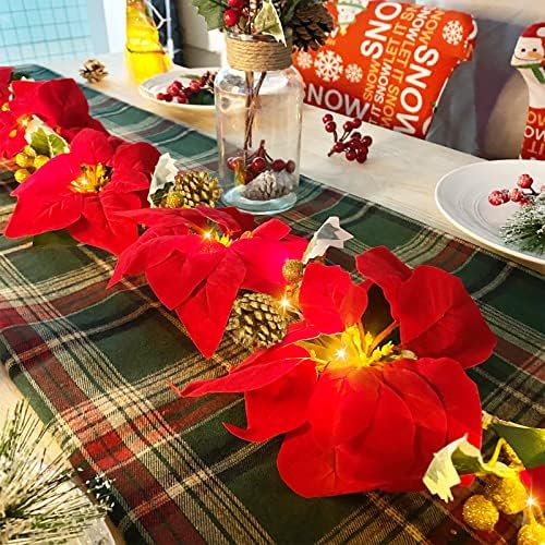 2 PCS debljine božićne poinsettia pinecone dekoracije vijenaca, ukupno 12 stopa 40 svjetala 220 Sjaj Zlatna bobica 120 holly lišće