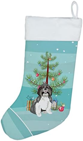Caroline blaga wdk3178cs shih-tzu srebrna i bijela br. 2 božićna božićna čarapa, kamin viseće čarape božićna sezona dekor dekor Obiteljski