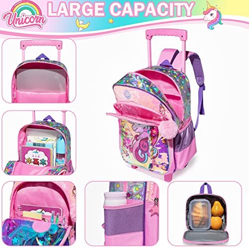MeetBelify Unicorn Rolling Rockpack za ruksake za djevojčice na kotačima za osnovni ruksak Roller s kutijom za olovku za ručak u punoj