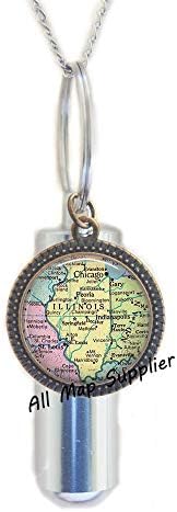 AllMapsupplier Modna kremacija Urn ogrlica, Illinois Map Urn, Illinois karta nakit Illinois Kremation Urn Ogrlica Illinois Urn Illinois