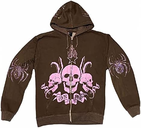 Coolmonar Women Rhinestone Spider Skull Print Street Rupkey Hoodies Goth Harajuku Y2K Grunge Punk jakna