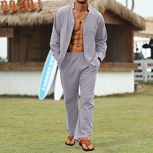 Muški laneni set od 2 komada, košulje za plažu s izrezom i gumbima u obliku slova u, ljetne široke joga hlače s džepovima