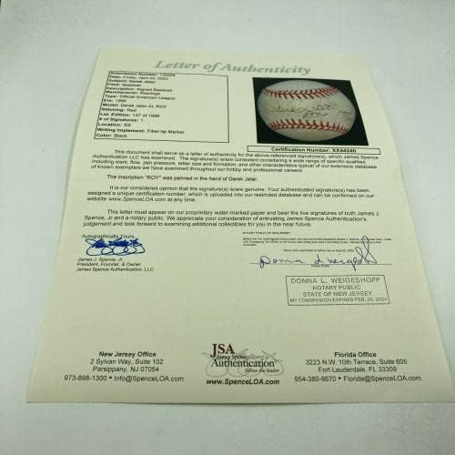 Derek Jeter Rookie iz 1996. godine potpisan je upisani bejzbol s JSA CoA - Autografirani bejzbol