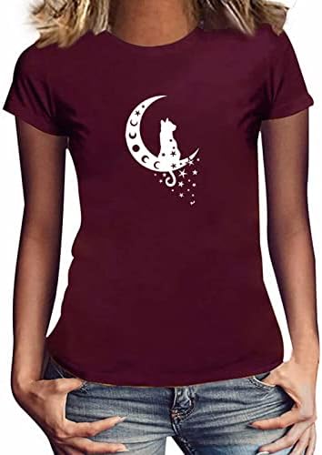 Žene 2023 Ljetne majice s kratkim rukavima ležerna okrugla vrata pulover Mjesec i mačka za tiskanu majicu majice