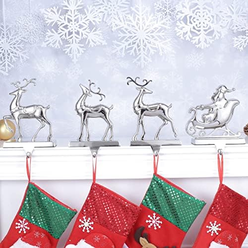 Jeleni božićni nosači čarapa za set plašta od 4 ， jeleni i saonice božićne čarape za kamin, božićne kuke za kuke za čarape za mantle