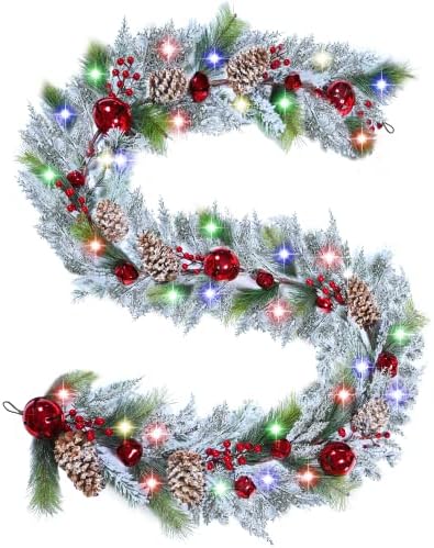 DDHS 9ft Božićni vijenac, snijeg, snijeg, presvijetljen vijenac s zvonima crvene bobice pinecones i baterija od 60 svjetala, praznični