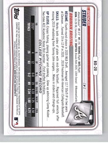 2020. Bowman Nacrt papir BD-20 Spencer Strider Atlanta Braves Prvi Bowman RC Rookie Službeni MLB Trading Card za bejzbol trgovačke