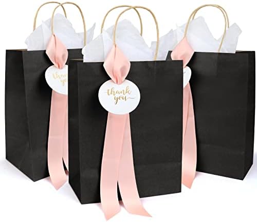 Lesumoo 12 pakiranje hvala poklon torbe s ružičastim vrpcama i zahvalnim karticama, 8x4.75x10 Male crne poklon torbe za vjenčane goste