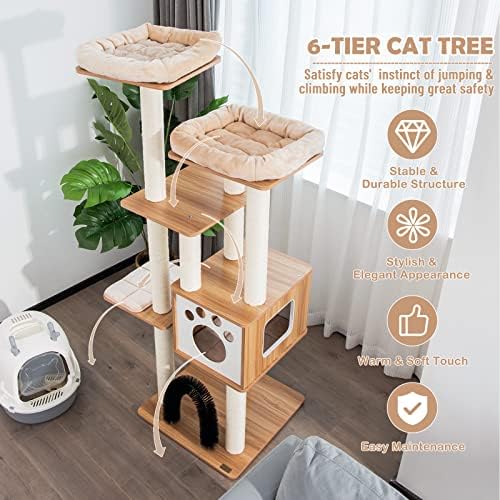 Tangkula Moderno mačje stablo za unutarnje mačke, 69,5 inča visoka slatka mačja stablo s 2 gornja plišana sjeda, mačji luk samozadovoljstvo,