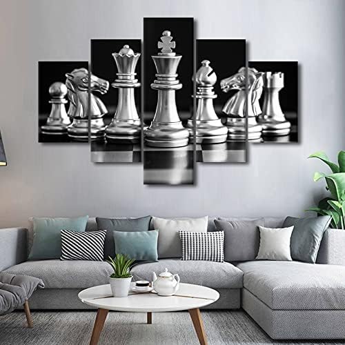 Crno -bijeli kralj 5 komada platno umjetnički zidni dekor Moderni crno -bijeli kralj i vitez šahovskog slikanja zidne umjetnosti za