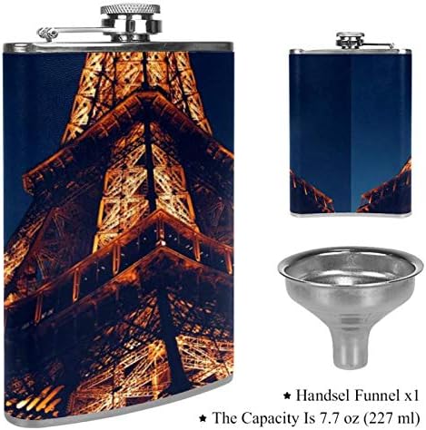 Tikvica od likera od nehrđajućeg čelika, zapečaćena lijevkom, kožna navlaka od 7,7 unci, sjajna ideja za poklon-svijetli Eiffelov toranj