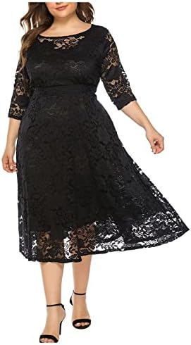 Fragarn Sundresses za žene, ženski temperament čipka od tri četvrtine, ležerna čvrsta boja O-Neck plus haljina