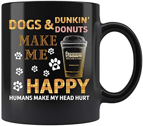 Sretni psi i Dunkin krafni ljudi čine glavu povrijeđene majice šalice za kavu 11oz i 15oz crni čaše