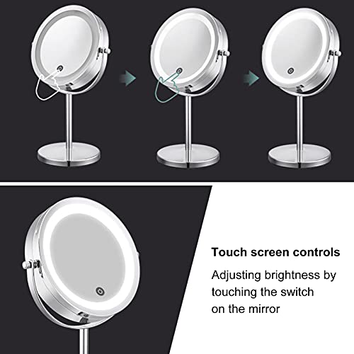 Plplaaobo LED svjetlost, ogledalo šminke, okrugla dvostrana 1x 7x povećalo ogledalo stojeće ogledalo za kućnu kupaonicu