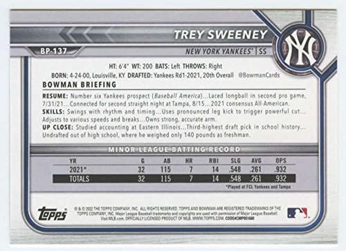 2022 Bowman Prospects BP-137 Trey Sweeney 1. Bowman New York Yankees MLB Trgovačka karta za bejzbol