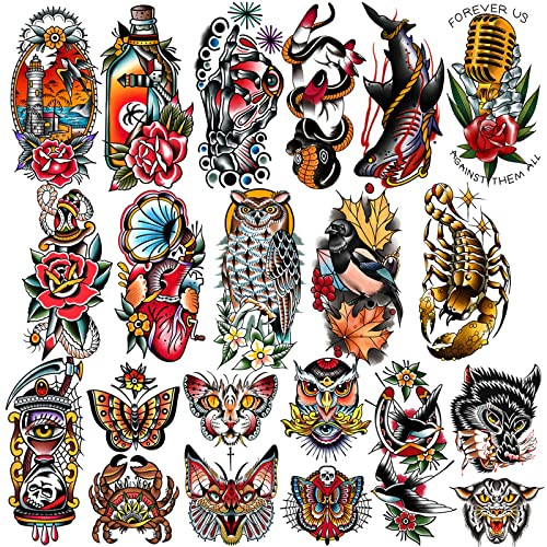 77 listova Vintage privremene tetovaže, privremene tetovaže stare škole cvijet lastavice leptir Tigar Škorpion zmija ruka sova mačevi