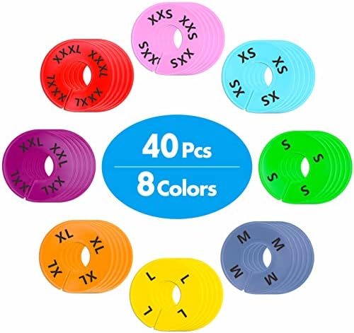40 pakiranje okrugle šarene plastične odjeće Veličine ormara za razdjelnike, 8 različitih boja, unaprijed ispisane u 8 veličina xxs,