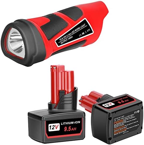 JYJZPB 2 PACK 9,5AH 12V litij baterija Zamijenite za Milwaukee M12 bateriju i jedno pakiranje 12-volt LED radne svjetiljke