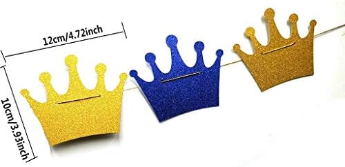 Kraljevsko plava kruna i zlatna svjetlucava papirnata strnadica-banner za princa dječaka, ukrasi za Prinčev rođendan od 12 karata