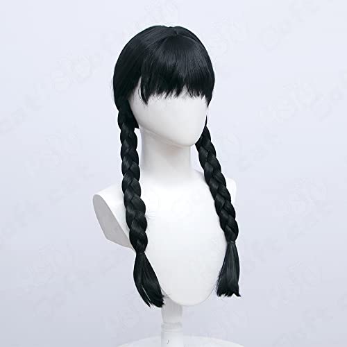 Hsu Srijeda Addams Kostim perika Anime Srijeda perika crna kosa s dvostrukom pletenicom sintetička perika otporna na toplinu + kapa