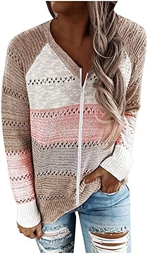Ga weihua žensko dugi rukavi pleteni džemper zip up v vratna jakna lagana boja blok labava udobna dukserica bluza
