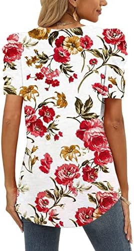 Pamučna bluza žena kratki puff rukavac 2023 duboki v vrat grafički božur print cvjetni ležerni gornji tee za djevojke se