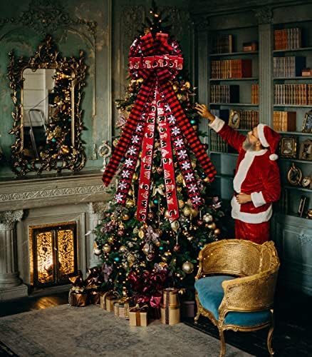 Dekoracije božićnog drvca Topper Bow - veliki crveni karirani buffalo luk sa snježnim pahuljicama za božićno drvce vijenac festival