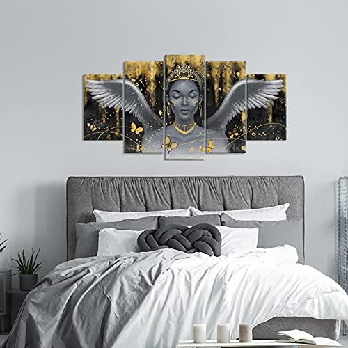 Ouelegent afrička ženska platna zidna umjetnost 5 komada crna kraljica žene s crown anđeoskom krilu slika crno -zlatni otisci umjetnička