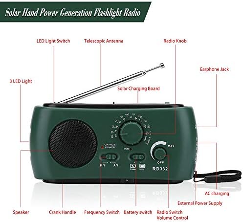 Angbrek AM/FM Radio Solar Hand Rank Radio s LED svjetiljkom punjača telefona za hitne slučajeve tamnozelene boje