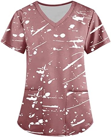 Nokmopo majice za žene pamučni modni V-izrez kratki rukavi s džepovima pruge s tiskanim vrhovima