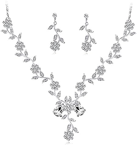 Lišće jwicos i cvjetne naušnice o srebrnim ogrlicama postavljena Ogrlica za viseće naušnice i kristalni vjenčani nakit za mladenku